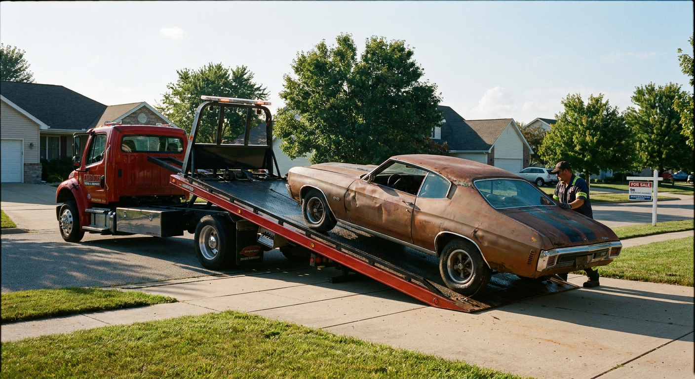 Flatbed tow truck loading a junk car for pickup in Duluth, Georgia near Pleasant Hill Road